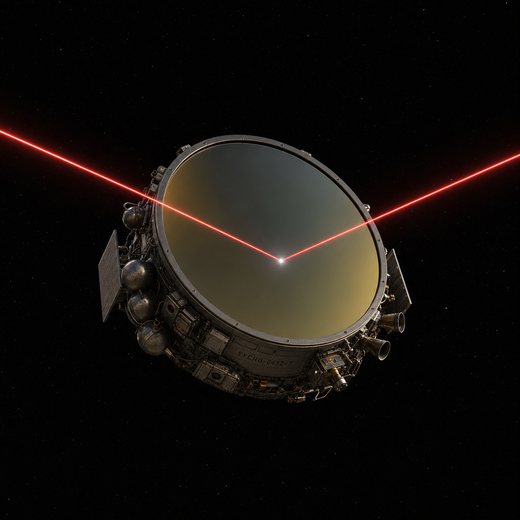 A second freehand AI attempt at a single mirror-drone reflecting a laser in a V shape